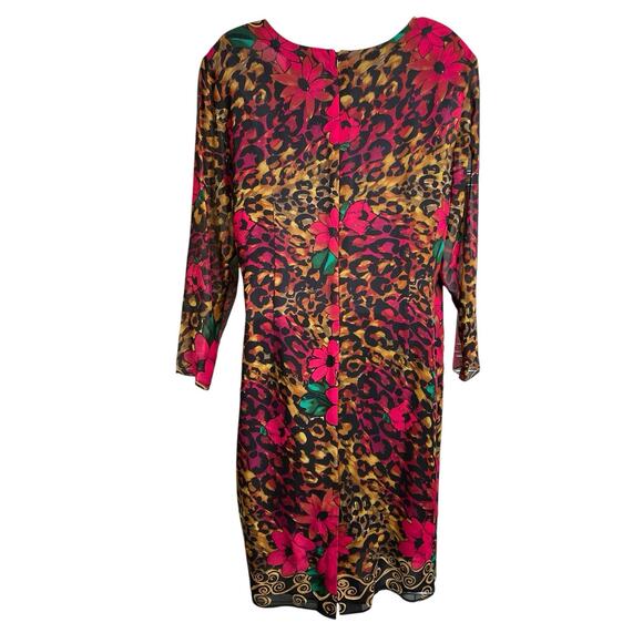 Diane Freis Mixed Cheetah Floral Print 100% Silk Midi Dress Size 12 Statement - Picture 2 of 10